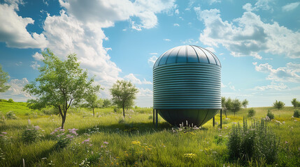Large water storage tank in green field under blue sky symbolizing sustainability