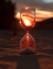 Dusty hourglass half buried in desert sand at dusk with sunlight shining through