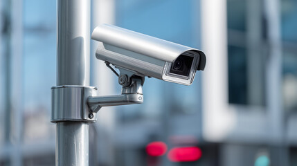 Modern surveillance camera mounted on pole in urban environment