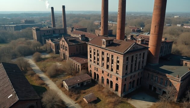 Aerial view of an abandoned industrial complex with red brick buildings and tall chimneys. Vegetation grows around decaying structures under a clear sky. - Powered by Adobe