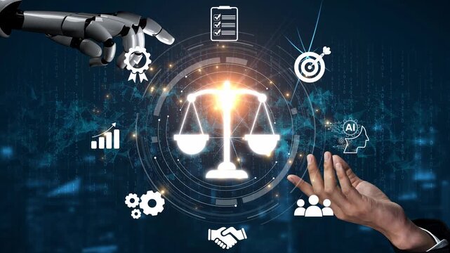 Futuristic digital law interface displaying justice scale, highlighting digital law, AI compliance, digital law systems, and digital law regulations for secure governance. Muxer