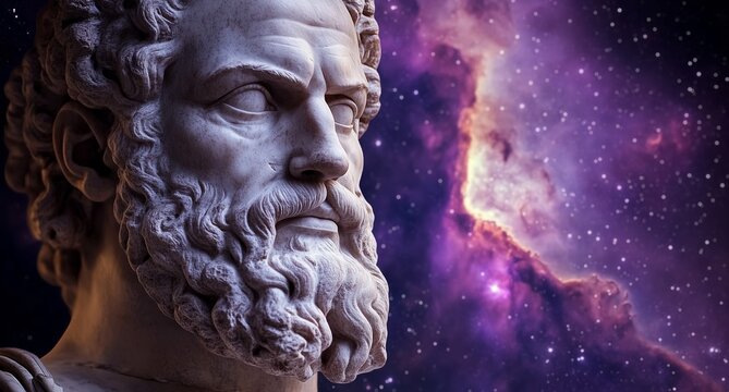 an Ancient Greek Philosopher Marble Statue with Cosmic Nebula Background. Philosophy concept for stoicism, wisdom of the ages, metaphysical thought, and celestial inspiration.