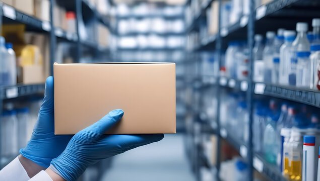 Hands in Blue Protective Gloves Holding a Blank Cardboard Box in a Pharmaceutical Warehouse. Medical supply chain and healthcare logistics concept for pharmaceutical distribution, laboratory storage