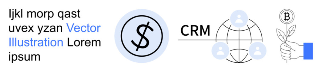 Obraz premium Business management, financial planning, global communication, customer relationship management, marketing strategies, sustainability. Dollar symbol, globe CRM network plant icon. Business