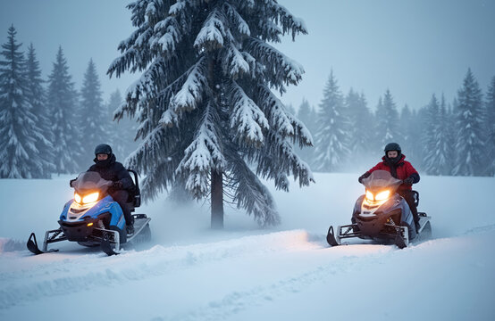 Two persons ride snowmobiles through a snowy forest. Riders wear helmets and warm clothes, traveling on white trails under a cloudy sky. Snow sprays behind their vehicles.