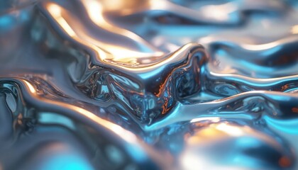Abstract liquid metal surface with iridescent chrome and blue light reflections, resembling flowing waves. Metallic texture appears fluid and dynamic, creating a futuristic backdrop.