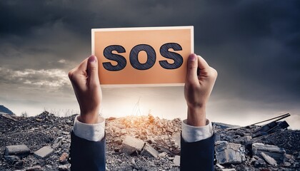 hands holding sos sign in rubble