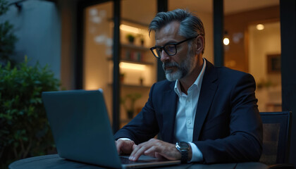 Mature businessman in suit works intently on laptop outdoors. Evening light illuminates focused expression. Types, surrounded by green plants, modern architecture, suggesting remote work business