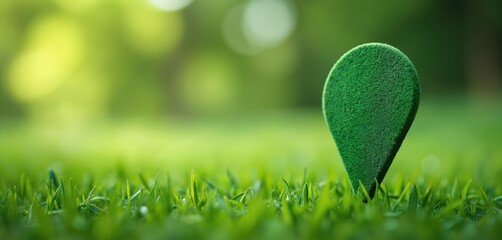 Green location pin stands in lush grass outdoors. Symbolizes eco friendly place or nature destination. Background shows soft focus plants and sunny day.