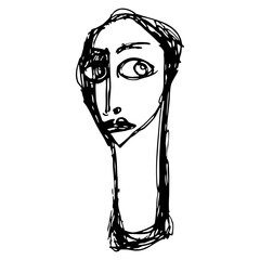 Human face on a long neck. Portrait of a funny character. Hand drawn linear doodle rough sketch. Black and white silhouette.