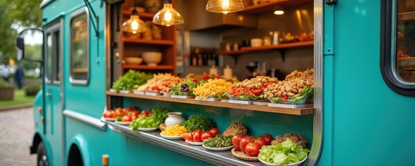 Turquoise food truck offers diverse vegetarian dishes like pasta, salads, and nuts. Mobile kitchen serves fresh food outdoors at a street event or market. Business prepares healthy meals for clients.