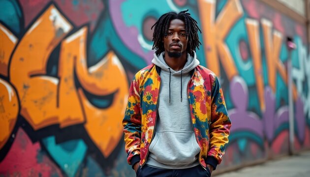 Young black man with dreadlocks stands in front of colorful graffiti wall wearing a vibrant jacket. He has hands in pockets, looking at camera. City street art background with bold colors and shapes.
