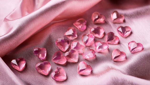 pink crystal hearts on silky fabric background