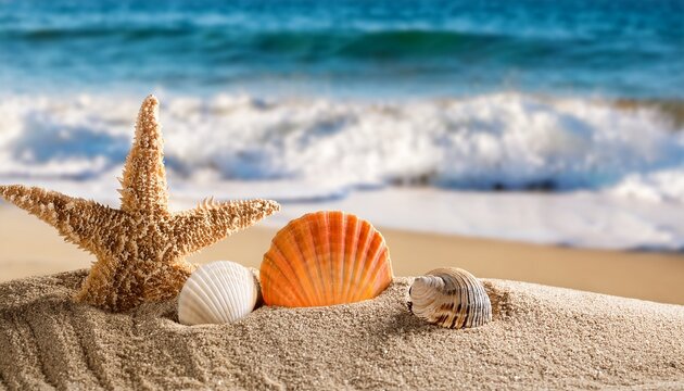 seashells and starfish on beach sand with waves - Powered by Adobe