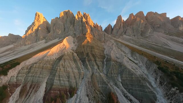 Seceda Mountain shot on FPV drone. Dolomites, Italy