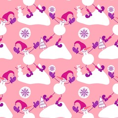 Fototapeta premium Christmas cartoon ice seamless snowman pattern for wrapping paper and fabrics