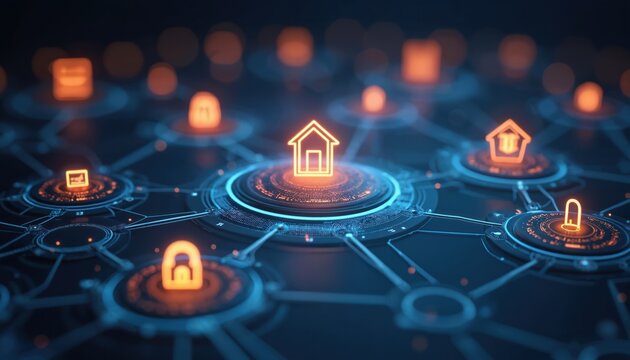 Abstract digital network connects house and security icons. Smart home tech illustrates futuristic connectivity and automation for modern living spaces. - Powered by Adobe