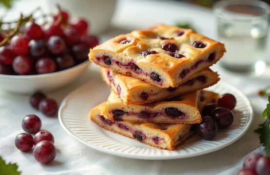 Italian Schiacciata pie with grapes offers a sweet baked treat. Soft yeast dough is filled with fresh grape berries. Served on white plate for breakfast or dessert.