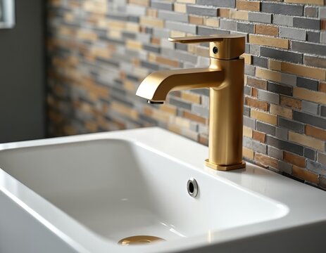 Modern bathroom basin with brushed gold faucet and multicolor mosaic tile backsplash. Contemporary clean interior decor with elegant style for home renovation.