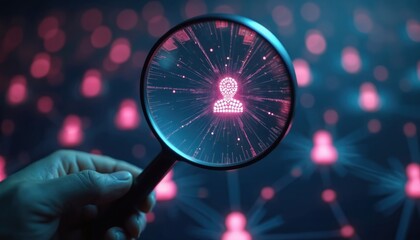 Hand holds magnifying glass over glowing human network icon. Abstract digital data connections and people figures visible. Technology analysis research concept graphic.