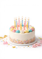 Colorful birthday cake with lit candles, pastel frosting and sprinkles on a white background. Festive dessert concept for celebration, party, anniversary and happy moments.