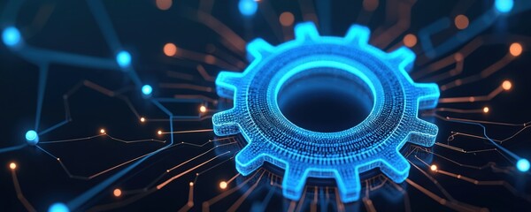 Digital gear represents automation, artificial intelligence. Binary code forms intricate structure, suggesting system optimization. Abstract network connections show data flow in smart technology,