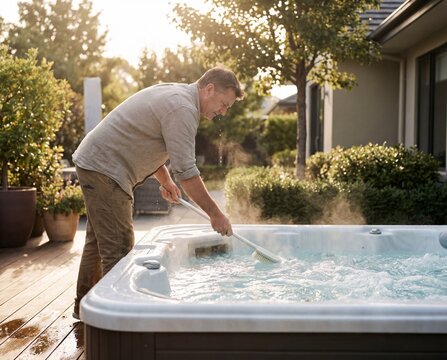Man meticulously cleaning his backyard hot tub, steam rising under golden sunlight.
