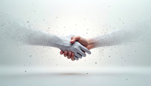 Human hand shakes polygonal robotic arm. Digital transformation and connection concept. Abstract geometric network disassembles into particles. Future tech partnership.