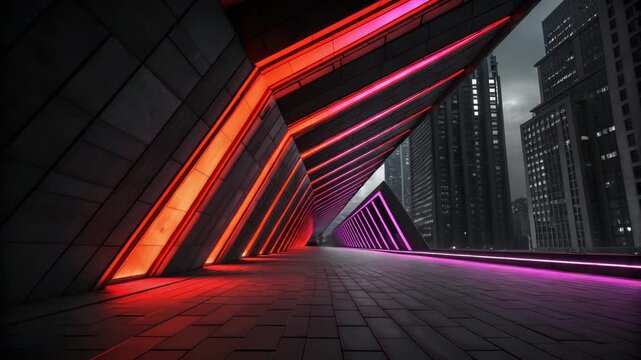 Modern geometric architecture with vibrant neon lighting creating a futuristic urban tunnel, representing technology and innovation concept for progress.