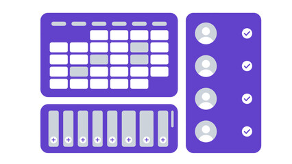 Clean and modern UI design elements showcasing a calendar grid and user list with checkmarks, abstract digital interface components