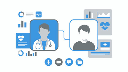 Fototapeta premium Illustration of a doctor and patient video call with health data visualizations, Telemedicine concept with digital health icons, Online doctor consultation