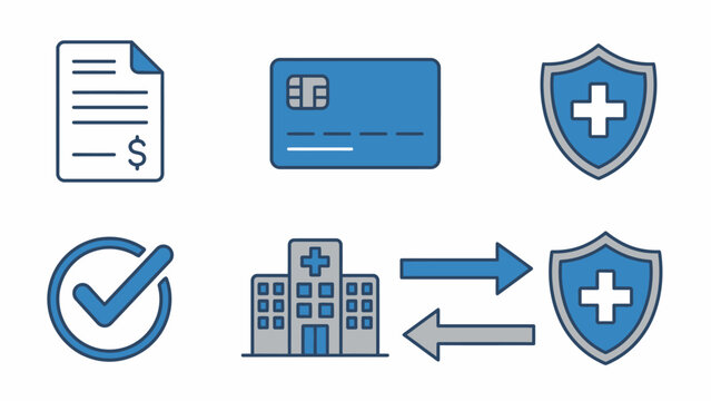 A graphic representation of financial transactions and health insurance, including payment methods and confirmation icons, suitable for healthcare billing and administrative themes