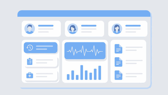 Modern digital health dashboard UI with user profiles, medical data visualizations, and document icons, Sleek blue and white interface for healthcare applications and web design