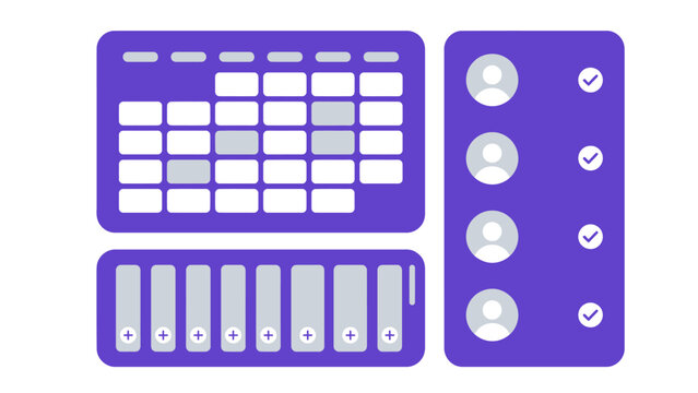 Clean and modern UI design elements showcasing a calendar grid and user list with checkmarks, abstract digital interface components - Powered by Adobe
