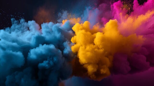 Dense vibrant clouds of blue, yellow and pink powder collide and expand in the air creating an abstract colorful background with dramatic motion and energy