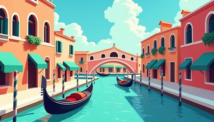 Cartoon Venice canal with gondolas and historic buildings under blue sky with clouds. Water reflects colorful architecture and clear sky. Iconic Italian cityscape.