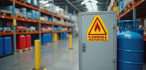 Grey metal cabinet with flammable materials warning sign. Industrial storage area with shelves and gas cylinders. Safety compliance in a warehouse facility.