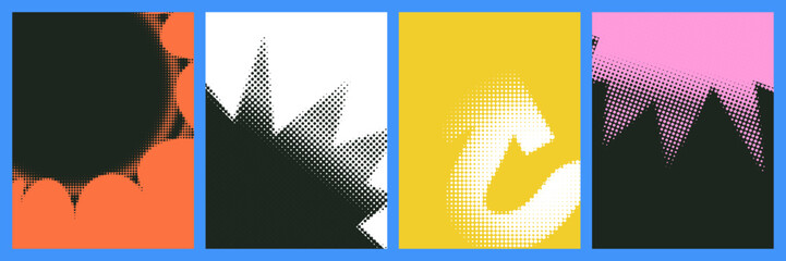 Colorful pop art retro backgrounds with bold halftone dots. Abstract dynamic pop art shapes or frames for comics, music covers and creative posters