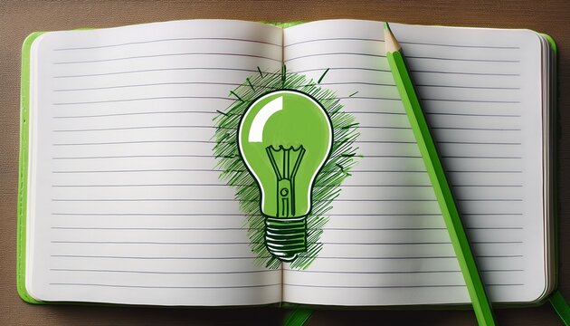 notebook with green lightbulb drawing on lined pages symbolizing creative idea and inspiration concept - Powered by Adobe