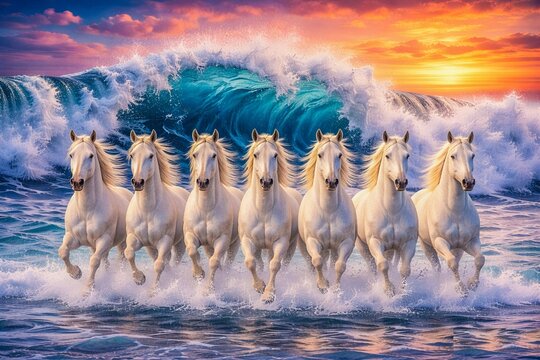 Seven White Horses Galloping Through Ocean Waves at Sunset  Ai Genreted 