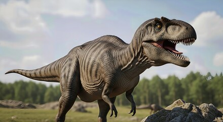 Fototapeta premium A Tyrannosaurus Rex strides across a grassy plain during the day. The dinosaur displays a formidable presence against the backdrop of rocks and distant trees. The dinosaur seems hungry