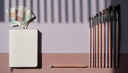 Minimalist art workspace featuring rows of paintbrushes, a white notebook, and color swatches on a lavender background.