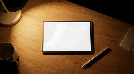 Tablet mockup with blank white screen on a wooden desk under a warm spotlight in a dark room.