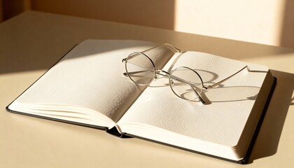 Open blank book with eyeglasses on a wooden table under strong dramatic window sunlight and shadows.