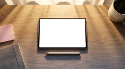 Digital tablet mockup with blank white screen on a wooden desk with a notebook and cup under window blinds shadows.