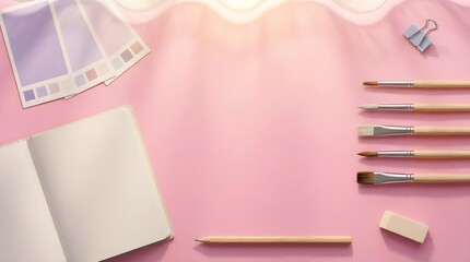 Artist workspace with open notebook paintbrushes and color swatches on a soft pink background with window shadows.