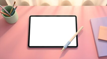 Tablet mockup with blank screen on a pink desk with colorful stationery paintbrushes and dramatic sun rays.