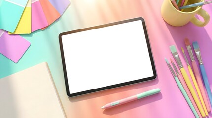Tablet mockup on a vibrant multi-colored pastel desk with paintbrushes color swatches and artistic supplies.