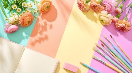 Vibrant spring workspace with pink flowers eucalyptus and colorful paintbrushes on pastel stripes.
