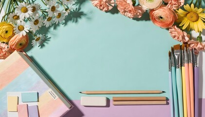 Artist workspace frame with daisies pink flowers paintbrushes and stationery on light blue background.